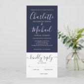 Invitation Mariage Élégant Script Tout En Un Bleu Marine (Debout devant)