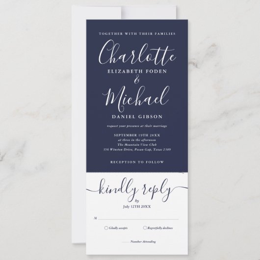 Invitation Mariage Élégant Script Tout En Un Bleu Marine (Devant)