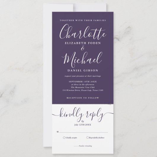 Invitation Mariage Élégant Script Violet Tout En Un (Devant)