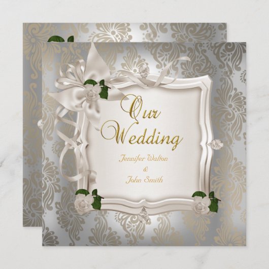 Invitation Mariage élégant Sepia White Roses Argent (Devant / Derrière)