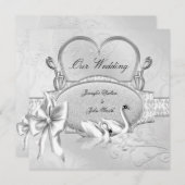 Invitation Mariage élégant Silver White Swans Heart Bow (Devant / Derrière)