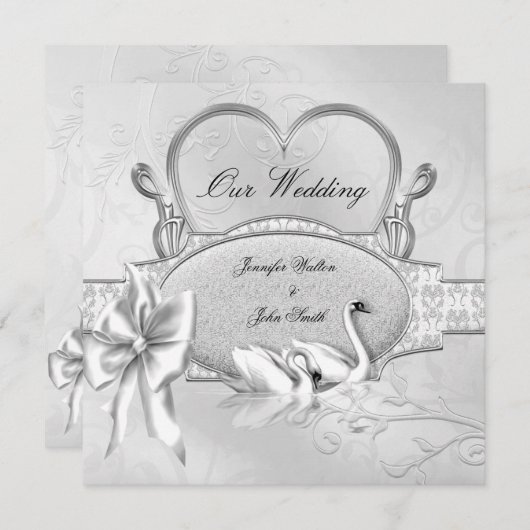 Invitation Mariage élégant Silver White Swans Heart Bow (Devant / Derrière)