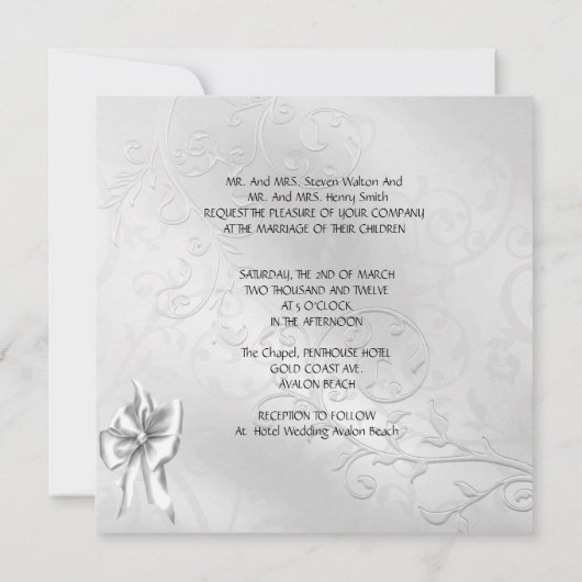Invitation Mariage élégant Silver White Swans Heart Bow (Dos)