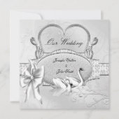 Invitation Mariage élégant Silver White Swans Heart Bow (Devant)