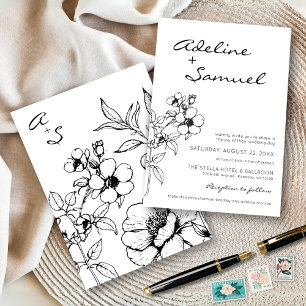 Invitation Mariage Élégant Simple Floral Noir & Blanc Moderne