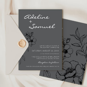 Invitation Mariage Élégant Simple Floral Noir & Gris Moderne