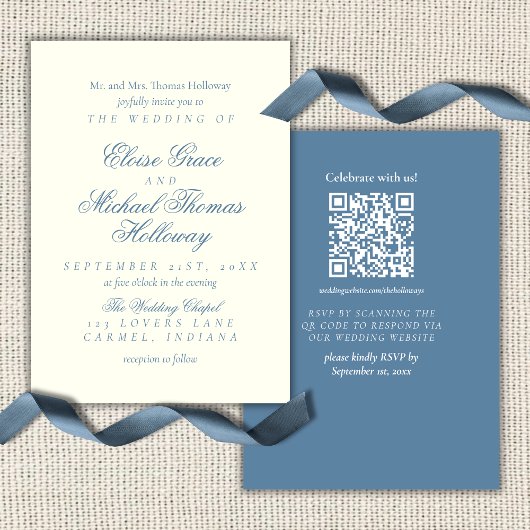 Invitation Mariage Élégant Simple Script Bleu Poussiéreux
