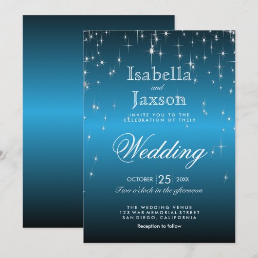 Invitation Mariage élégant sous les étoiles dans un ciel bleu (Devant / Derrière)