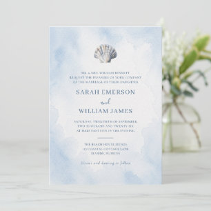 Invitation Mariage Élégant sur la Plage aux Coquillages Bleus