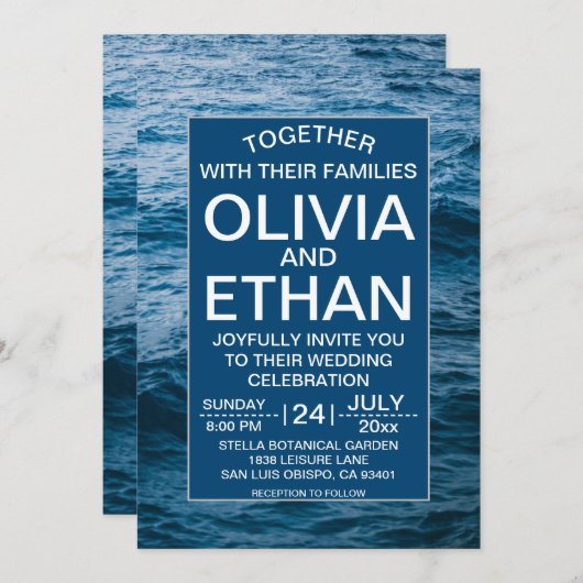 Invitation Mariage élégant sur la plage de l'océan bleu marin (Devant / Derrière)