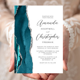 Invitation Mariage Élégant Teal Argent Agate Script