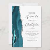 Invitation Mariage Élégant Teal Argent Agate Script (Devant)