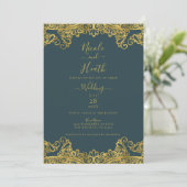 Invitation Mariage Élégant Teinte de Bleu foncé et Doré (Debout devant)