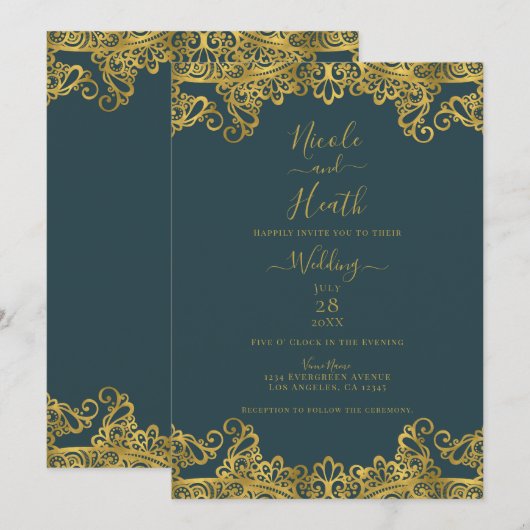 Invitation Mariage Élégant Teinte de Bleu foncé et Doré (Devant / Derrière)