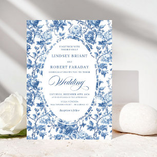 Invitation Mariage élégant toile de Jouy rose navale florale