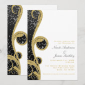 Invitation Mariage Élégant Tourbillon Argent Or Noir (Devant / Derrière)