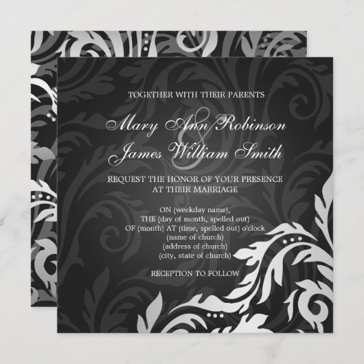 Invitation Mariage élégant Tourbillon Noir (Devant / Derrière)