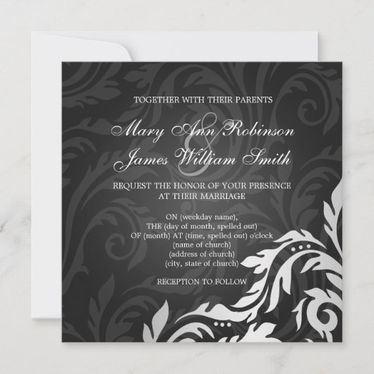 Invitation Mariage élégant Tourbillonnant Flourish Noir (Devant)