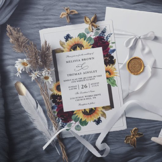 Invitation Mariage Élégant Tournesol Rustique Budget Code QR