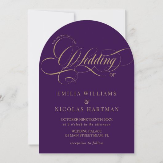 Invitation Mariage Élégant Tout Compris Or Violet Foncé (Devant)
