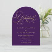 Invitation Mariage Élégant Tout Compris Or Violet Foncé (Debout devant)