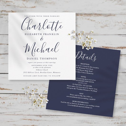 Invitation Mariage Élégant Tout En Un Bleu Marine Script