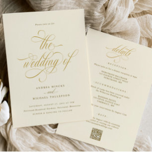 Invitation Mariage Élégant Tout en Un Crème Or