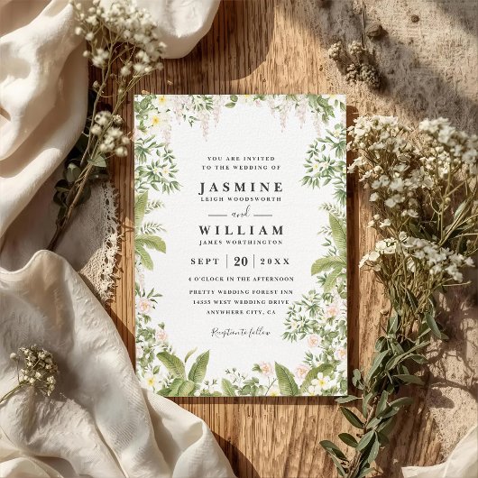 Invitation Mariage Élégant Tropical Floral Verdure Code QR