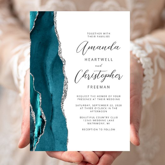 Invitation Mariage Élégant Turquoise Argent Agate Script