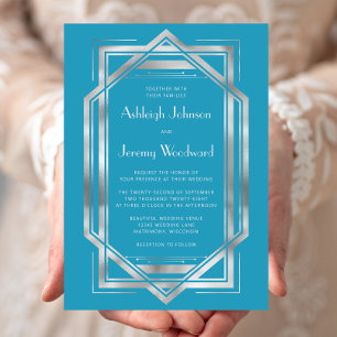 Invitation Mariage Élégant Turquoise Argent Déco Vintage