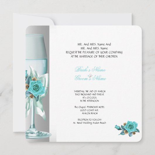 Invitation Mariage élégant Turquoise Blanc Beige Rose Champag (Dos)