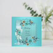 Invitation Mariage élégant Turquoise Bleu Beige Rose Fleurs (Debout devant)