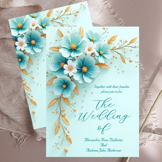 Invitation Mariage élégant Turquoise Bleu Blanc Or Fleurs