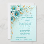 Invitation Mariage élégant Turquoise Bleu Blanc Or Fleurs (Dos)