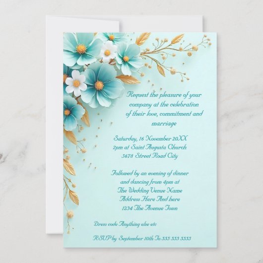 Invitation Mariage élégant Turquoise Bleu Blanc Or Fleurs (Dos)