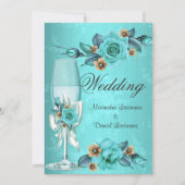 Invitation Mariage élégant Turquoise Blue Champagne Roses Fle (Devant)