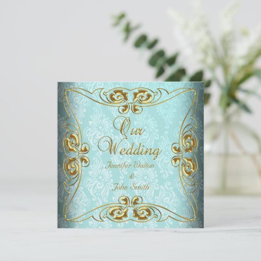 Invitation Mariage élégant Turquoise Blue Gold Damask (Debout devant)