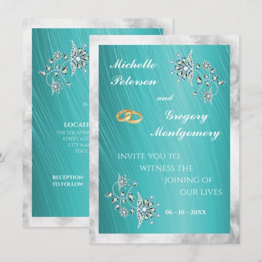 Invitation Mariage Élégant Turquoise Strass & Marbre (Devant / Derrière)