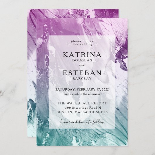 Invitation Mariage élégant Turquoise violet (Devant / Derrière)