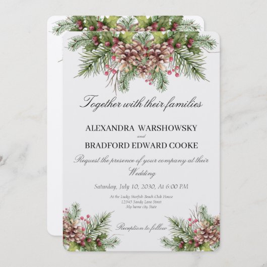 Invitation Mariage élégant Végétation d'hiver Pinecone (Devant / Derrière)