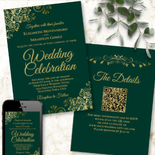 Invitation Mariage élégant vert émeraude Code QR doré Frills