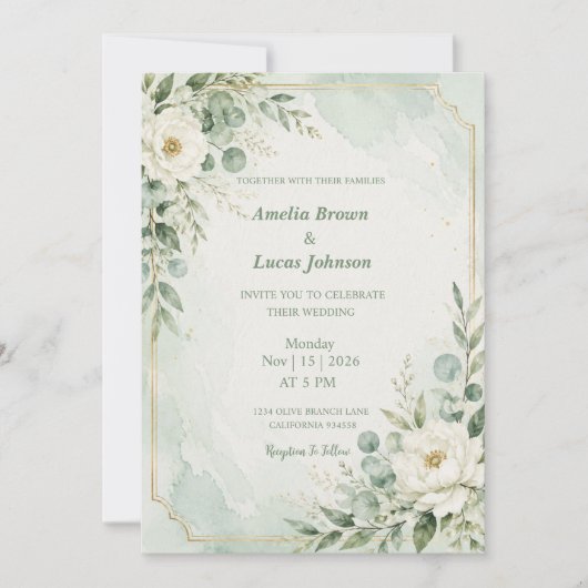 Invitation Mariage Élégant Vert Menthe (Devant)