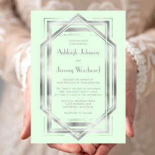 Invitation Mariage Elegant Vert Menthe Argent Deco Vintage