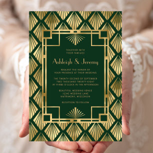 Invitation Mariage élégant vert or motif déco vintage