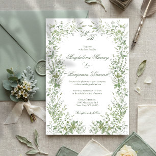 Invitation Mariage Élégant Vert Sauge avec une Délicate Végét