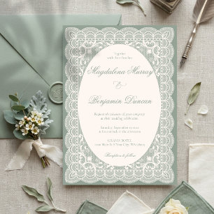 Invitation Mariage élégant vert sauge chic en dentelle ivoire