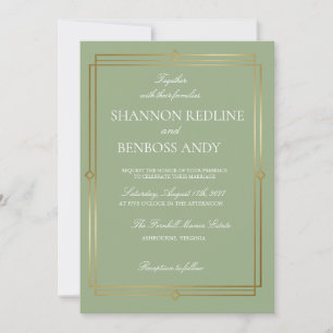 Invitation Mariage élégant vert sauge et or monogrammé