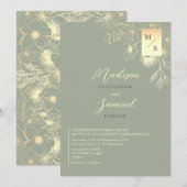 Invitation Mariage élégant vert sauge floral or (Devant / Derrière)