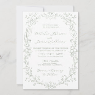 Invitation Mariage élégant vert sauge QR Code à l'ancienne