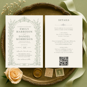 Invitation Mariage élégant victorien avec code QR vert sauge